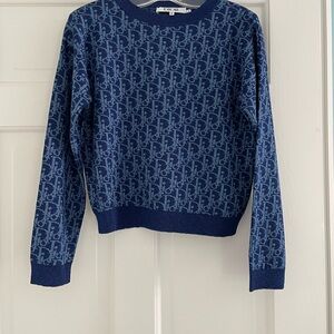 Kids Dior Blue Crew Neck Sweater with Monogram Pattern